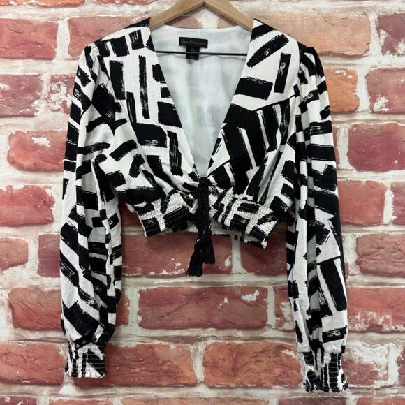 House of Harlow 1960 Crop Top Women's L Linen Blend Artsy Abstract Shirt - Picture 7 of 9